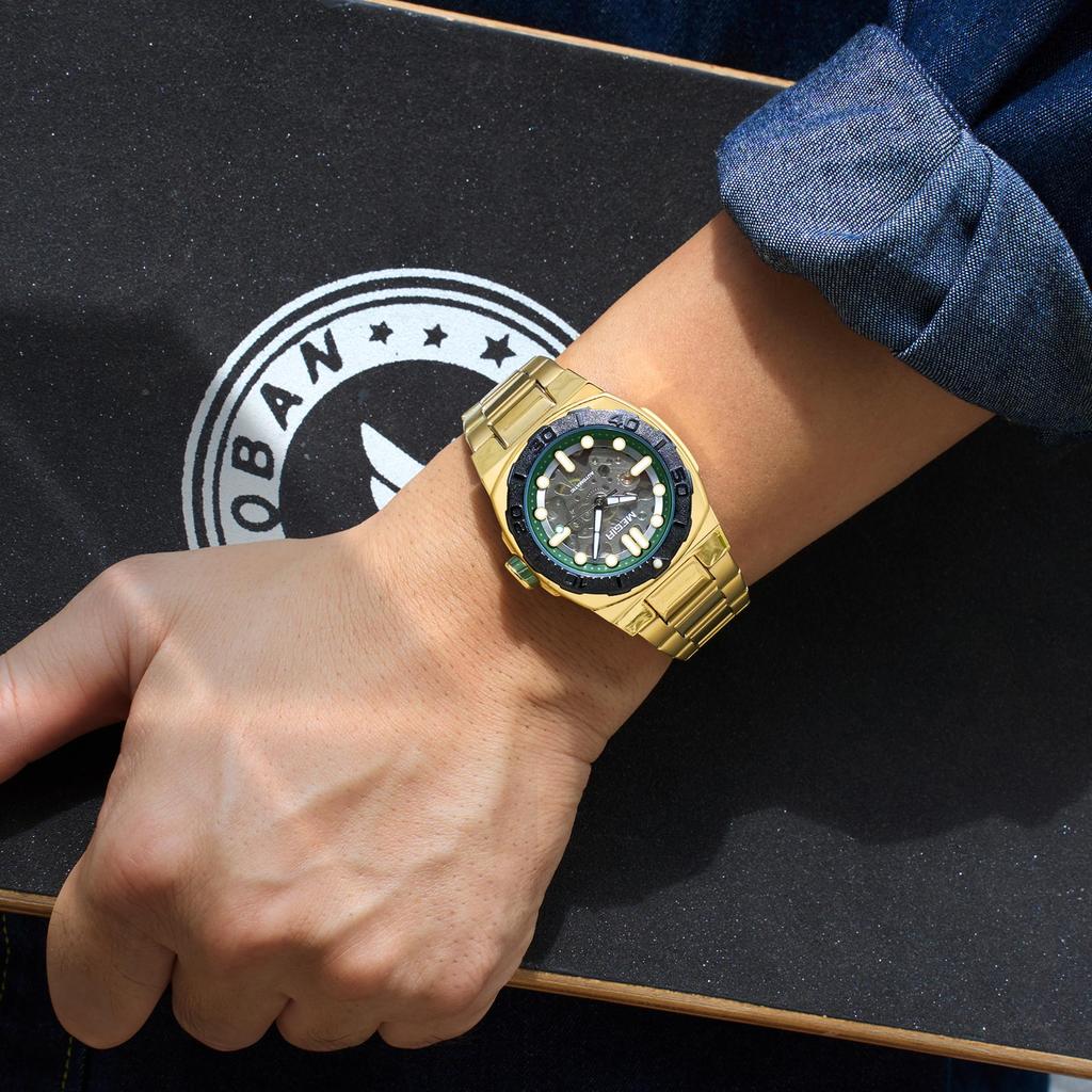 Megir Luxusní mechanické pánské hodinky Skeleton ciferník Business volnočasové náramkové hodinky Plně automatické náramkové hodinky Hodiny Relogio Masculino 8606