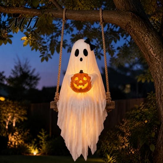 Seasonal Room Ornaments Halloween Lighted Ghost Swing with Glowing Pumpkin, Hanging Spooky Decor Decorative Cloth Party Props for Porch Yard,