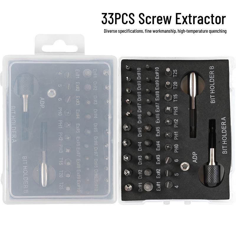 33-Piece Screw Extractor Set with Drill Bits in Plastic Box