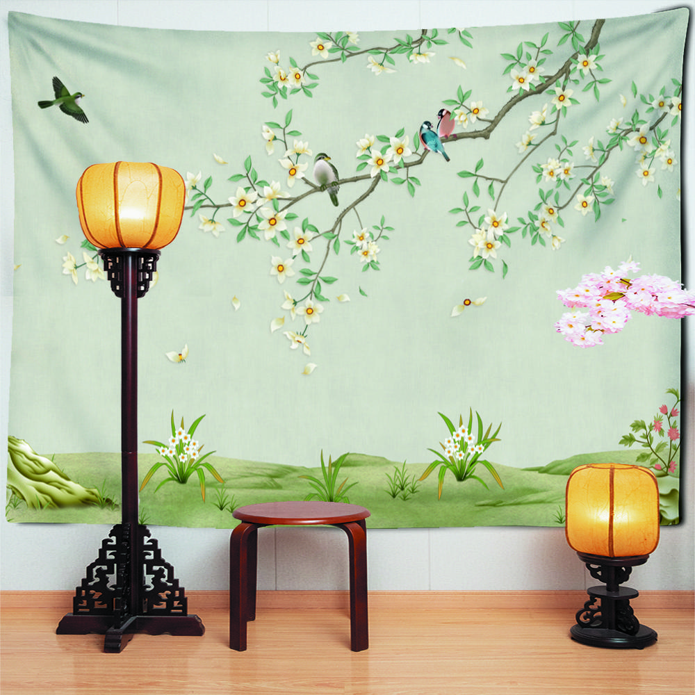 Obraz Kwiaty i Ptaki Orchidea Świeży Gobelin do Powieszenia na Ścianie Prosty Chiński Styl Boho Dekoracja Pokoju w Akademiku