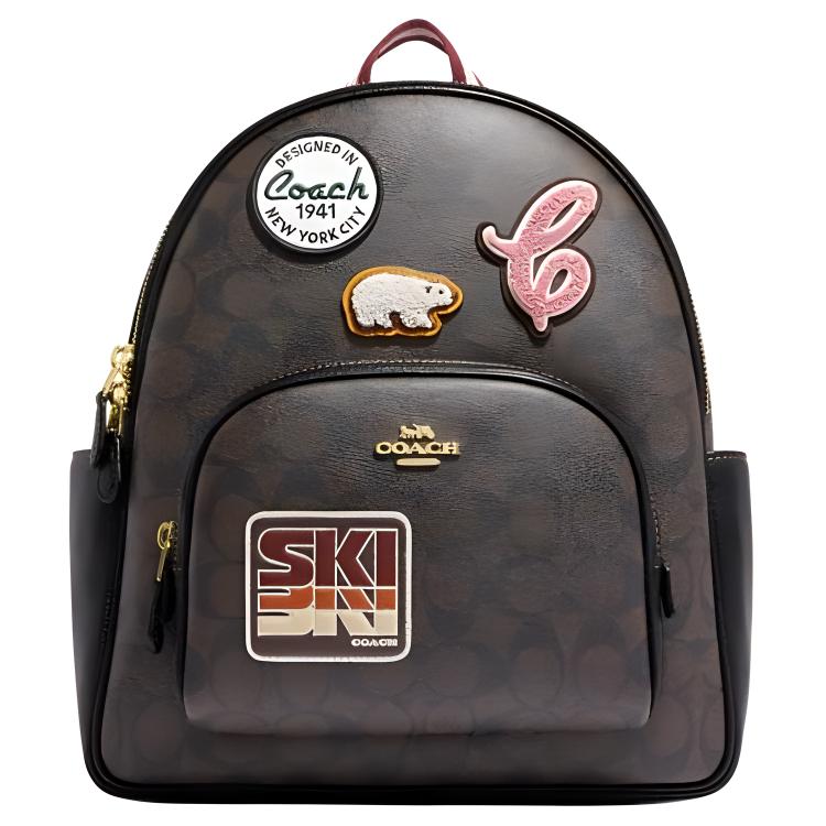 Coach Women's Brown/Black Court Backpack 27 Classic Monogram Ski Patch Zip Closure Coated Canvas Pebble Leather Large Backpack Ce595-Imosn