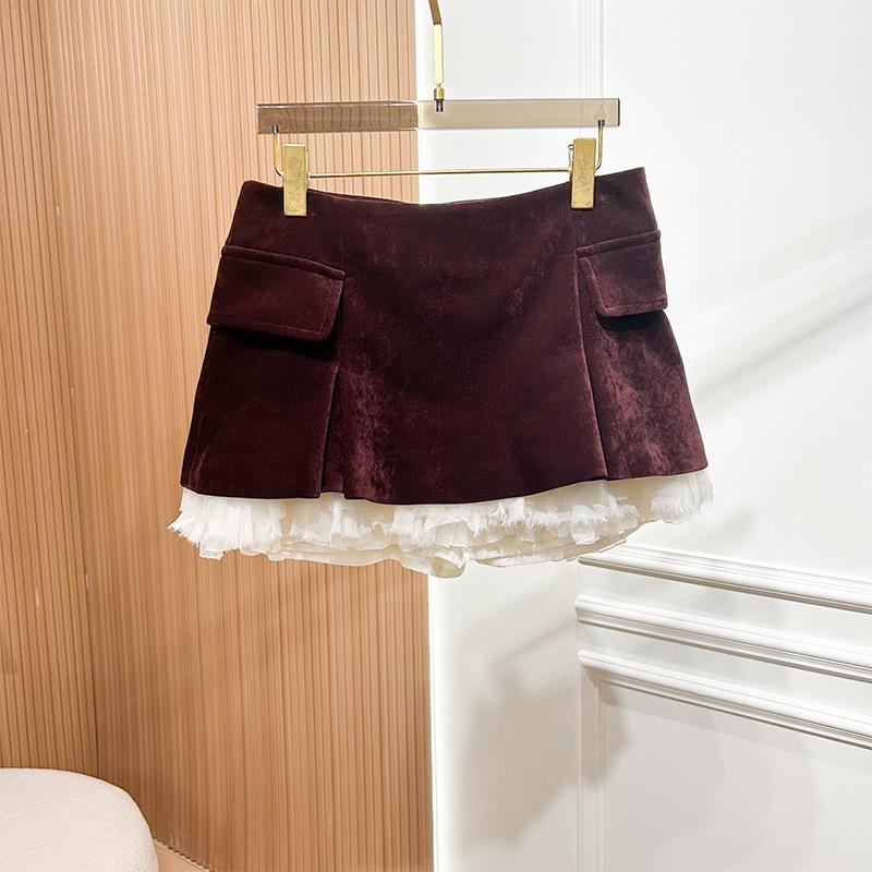 

Elegant High-Waisted Silk Floral Embroidered Short Skirt with Lace Mesh and Double Pockets - 2025 Autumn/Winter Collection Small темно-красного