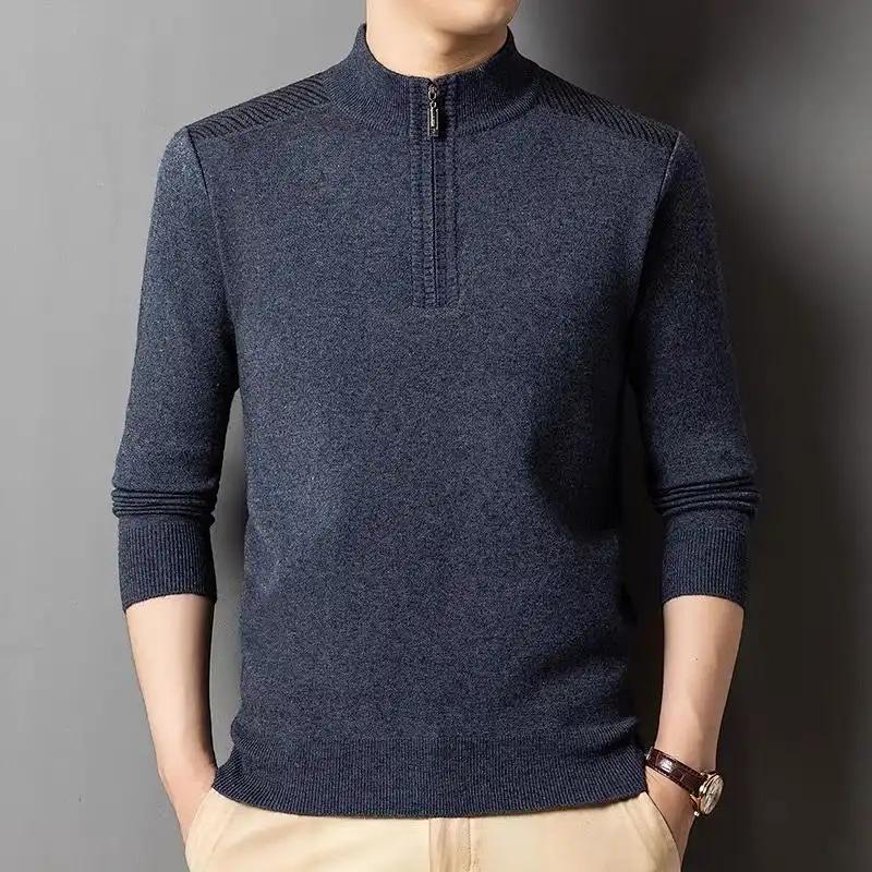 Zimní pánský svetr se stojáčkem ze silné vlny, zateplený základní pletený svetr na zip pro muže středního věku