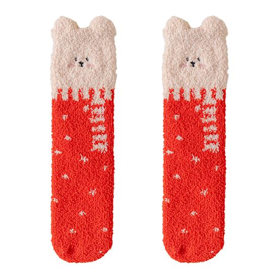 Fluffy Winter Crew Socks Cute Animal Embroidery Warm Socks Thick Fuzzy Plush Bear Cat Thermal Socks for Women Sleep Home Lounging