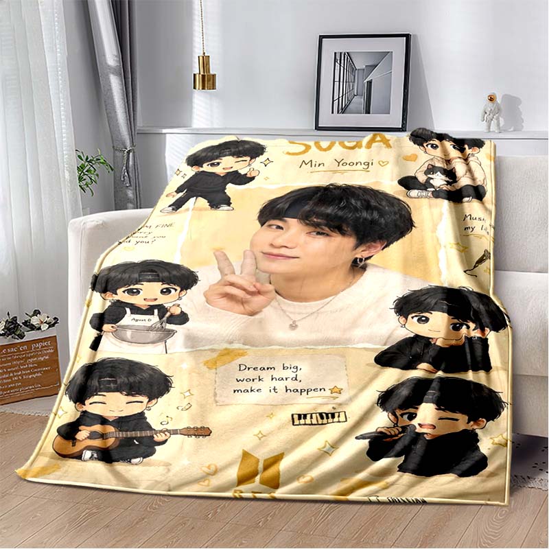 BTS Suga Min Yoongi Cartoon Collage Flanell Überwurfdecke Weich Warm Sofa Bettbezug Für Kpop ARMY Fans Schlafzimmer Heimdekoration Geschenk