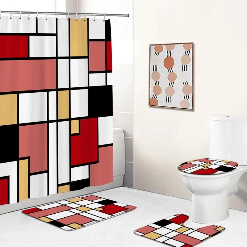 Creative Geometric Shower Curtains Bath Mats Sets Black Line Blue White Plaid Splicing Bathroom Decor Door Rugs Toilet Cover Mat
