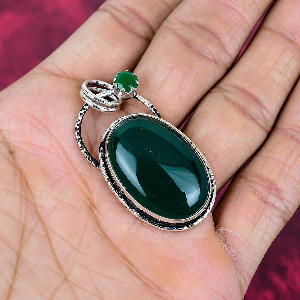 Green Onyx & Green Chalcedony Gemstone 925 Sterling Silver Boho Jewelry Handmade Designer Pendant For Women