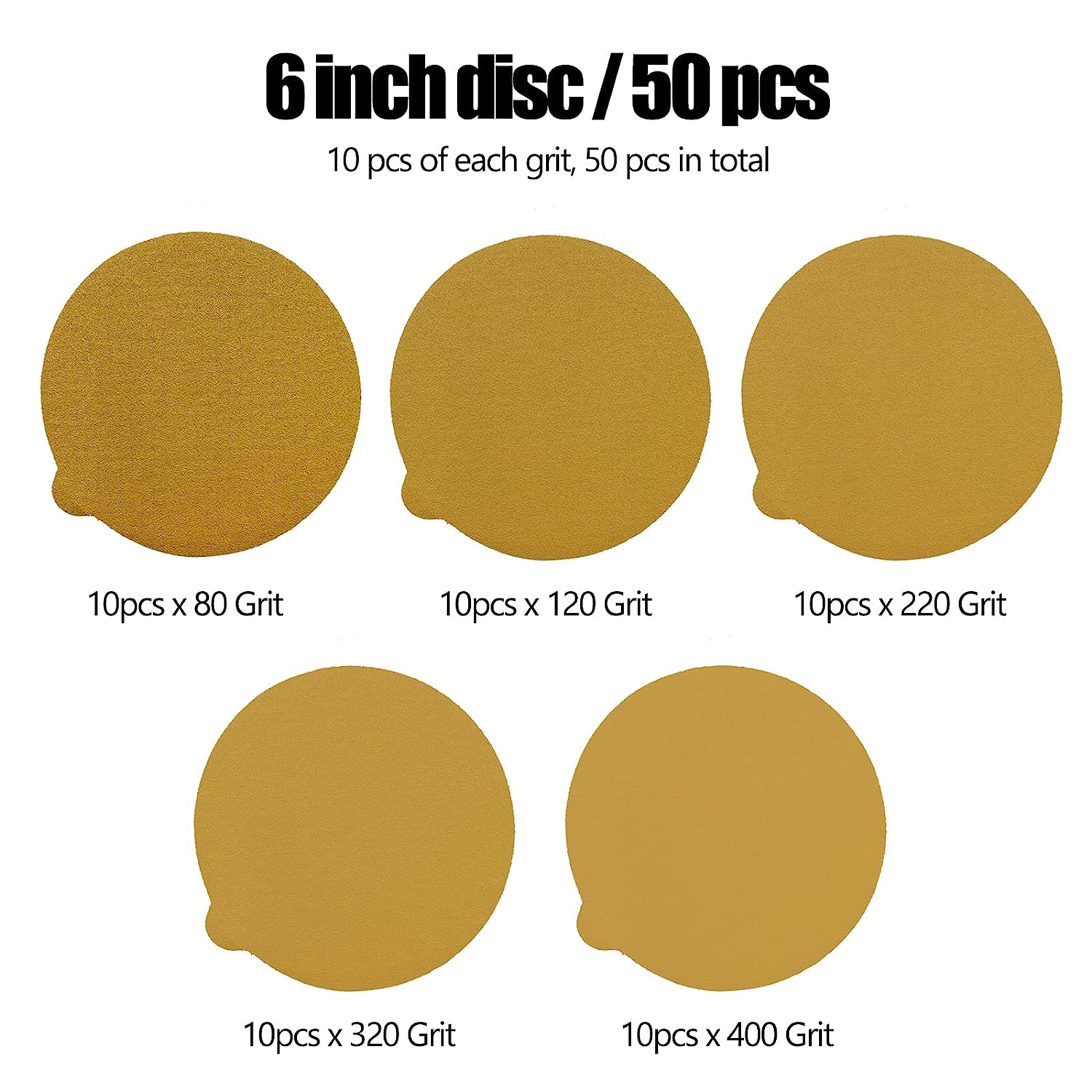 

50 шт. шлифовальные диски, 6-дюймовая наждачная бумага с липкой поверхностью, круглая самоклеящаяся наждачная бумага для деревообработки, покраски металла, автомобильных работ Assorted grit