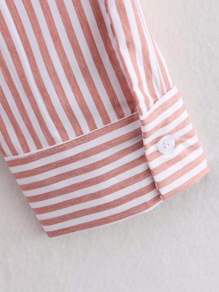 2025 Spring Women's European & American Style Long Sleeve Striped Shirt with Turn-Down Collar