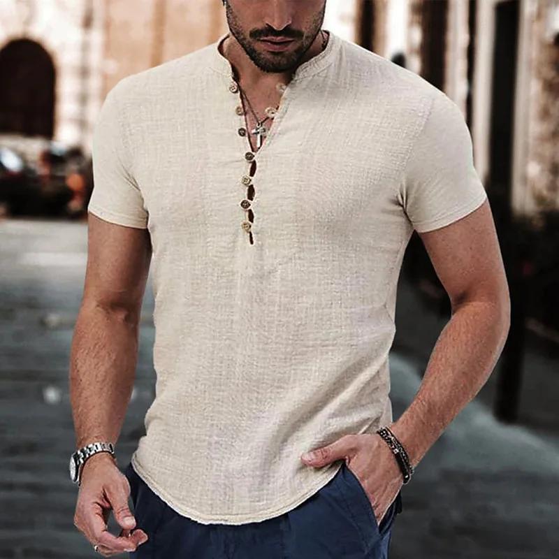 New Men s Short Sleeve T-shirt for Men Button Cotton Linen Shirt Men s Casual Clothes Popular Tops for Men S абрикосовый