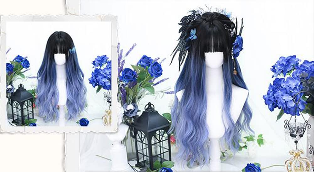 Lolita Wig, GAL Style, Semi-long Wig, Perm, Harajuku Style, Dreamy, Dark, Cute, Cosplay, Party, Lolita Style, Everyday Wig, Black, Blue, Gradient Wig