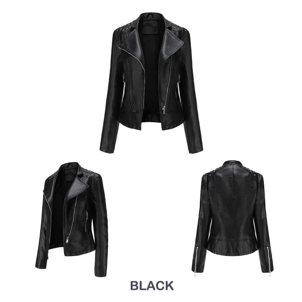 Damen Cool Edgy Nieten Motorrad PU-Lederjacke, Schräger Reißverschluss, Reverskragen, Slim Fit Punk Style Kurze Jacke für Frühling/Herbst