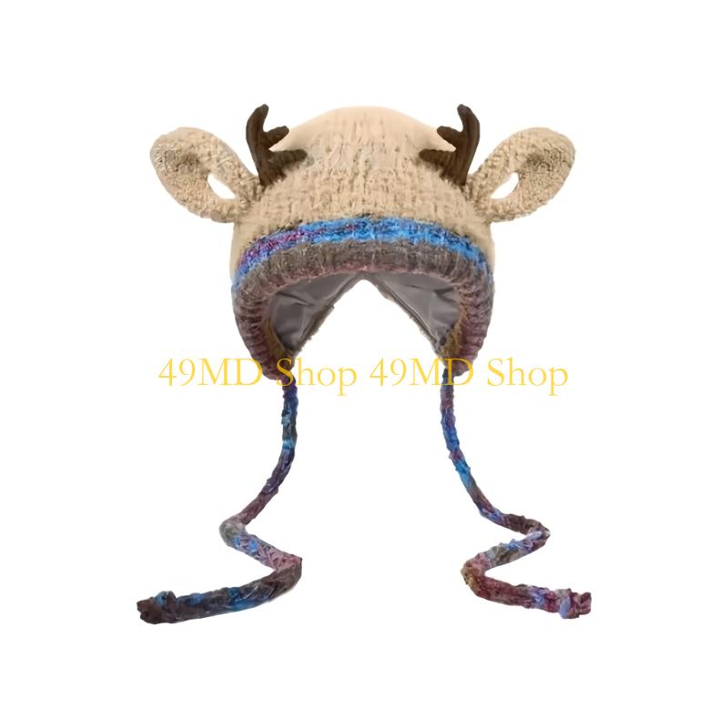 49MD Reindeer Horn Knitted Hat Warm Winter Accessory For Holiday Parties Family Gatherings