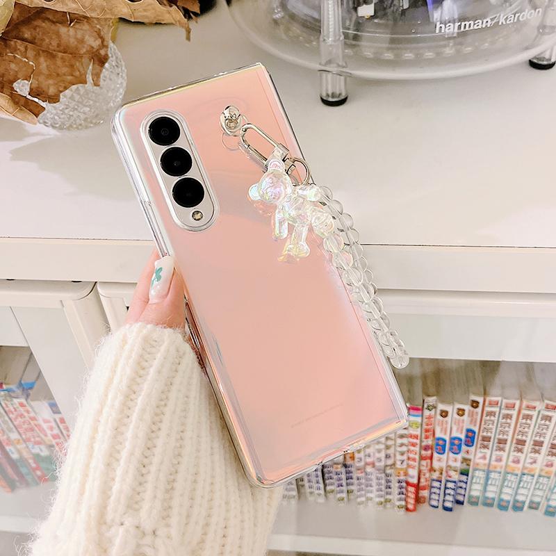 3d kryształowy niedźwiedź przenośna bransoletka z koralików etui na telefon do Samsung Galaxy Z Fold 3 5g Laser Dazzle twarda przezroczysta okładka