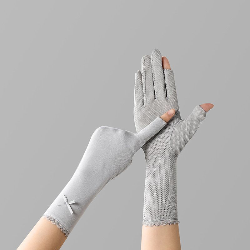 

Summer Sun Protection Gloves Women Thin UV Protection Mid-Length Arm Sleeves Driving Riding Non-Slip Breathable Open Finger Pure color Medium Bows-Two Finger-Grey One size