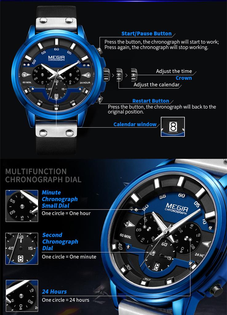 MEGIR Mode Militär Sportuhren für Herren Wasserdichte Quarz-Armbanduhr Chronograph Leuchtendes Kalenderdatum 24-Stunden 2080
