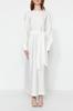 Women's Style Hijab Dress White Wide Belted Zipper Cuffed Woven Linen Look Dress