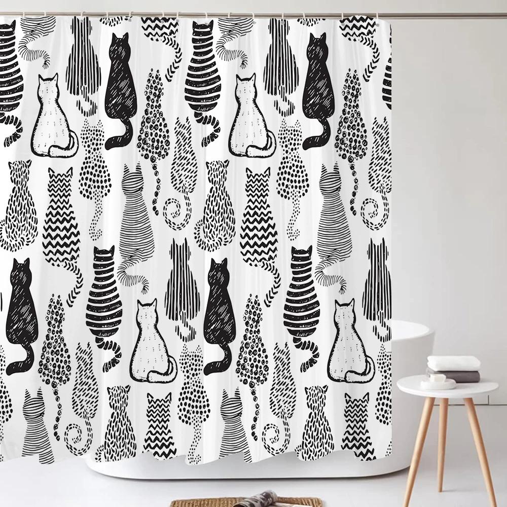 Cartoon Animal Shower Curtain Cute Cat and Dog Bath curtain with Hooks, Waterproof Shower Curtain, Shower Curtains for Bathroom