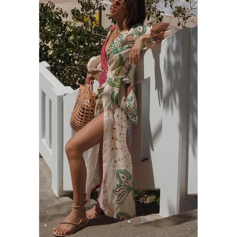 Women s Clothing European American New Long-sleeved Vacation Print Cardigan Lacing Dress S