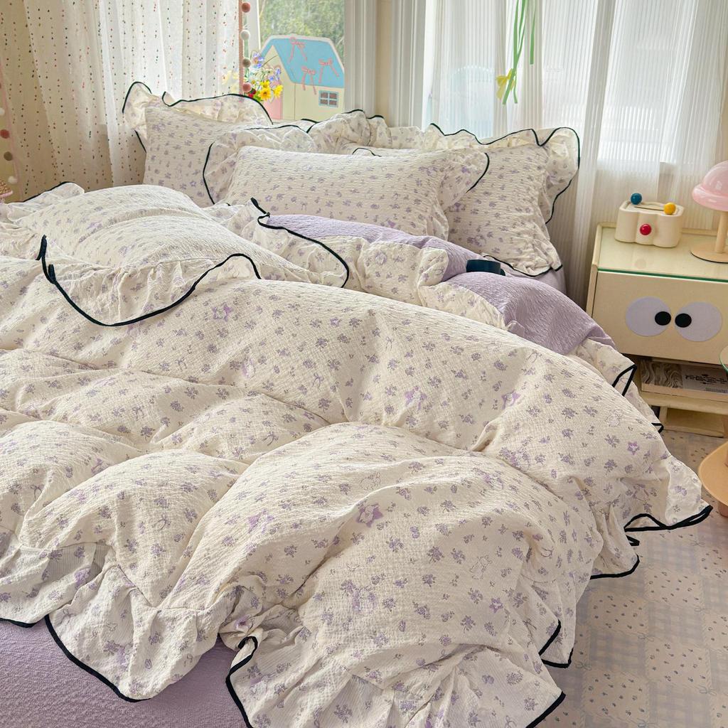 Bubble Cotton Fresh Floral Lace Bedding Set - 4-Piece Soft Duvet Cover & Sheet