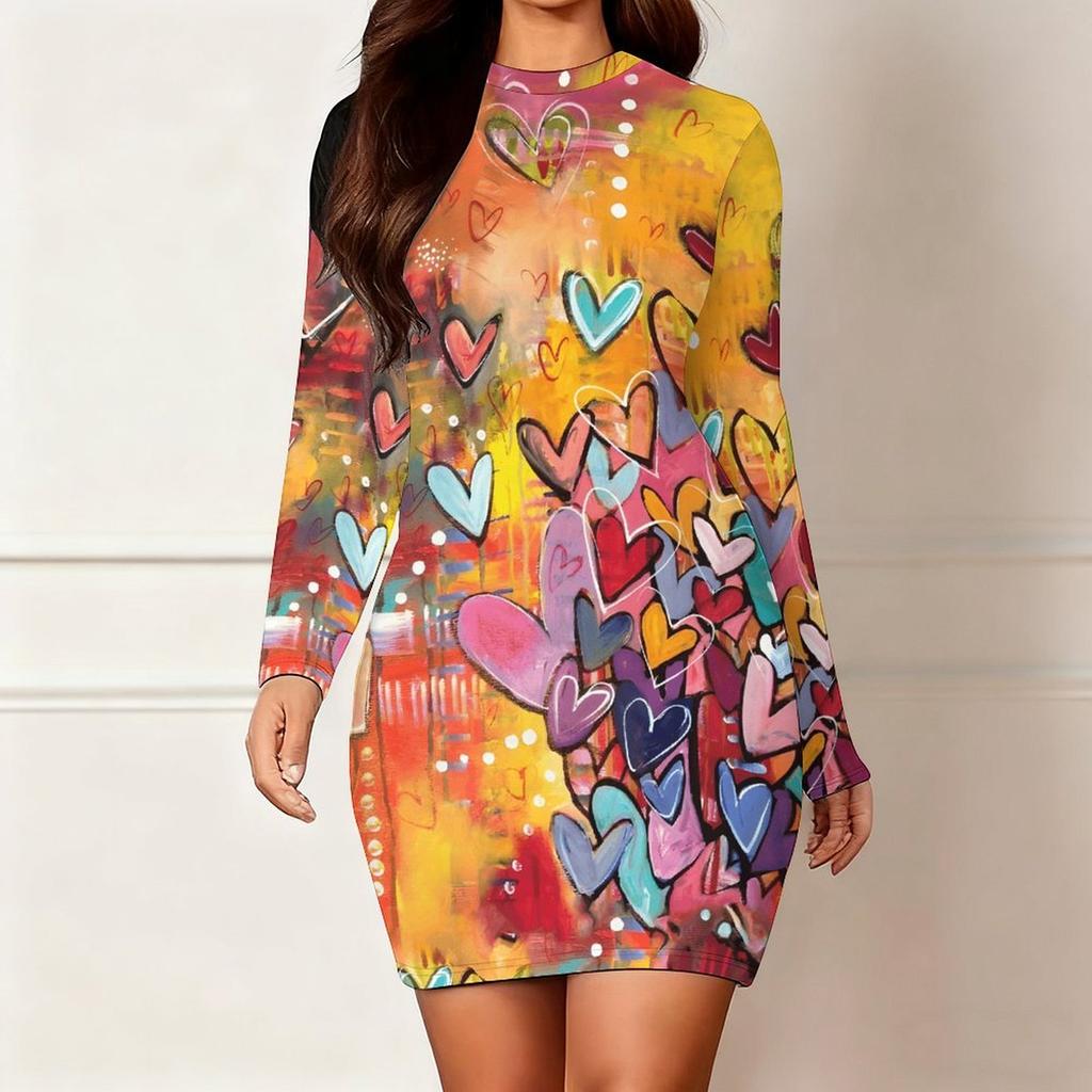 Podzim a zima 2025 Nové dámské módní šaty s 3D potiskem a barvením s motivem srdce, s dlouhým rukávem, kulatým výstřihem, obepínající boky, limitovaná edice ke Dni svatého Valentýna