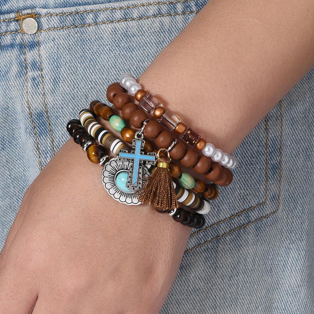 Bohemian Retro Flower Tassel Beaded Bracelet Set - 5-Piece Elastic Cord with Wood Beads
