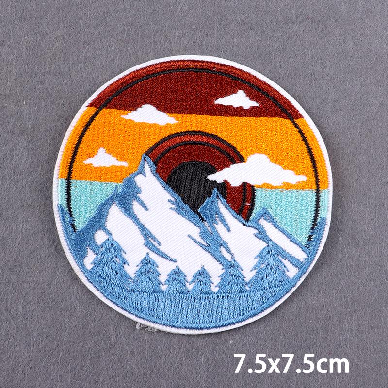 Outdoors Adventure Iron On Patches Sunrise Or Sunset Landscape Embroidery Patches For Clothes, Jeans, Jackets And Backpacks