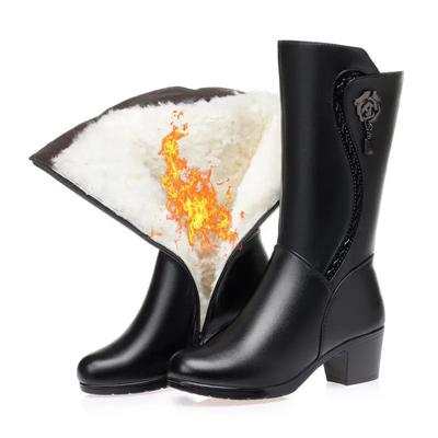Winter Women Mid-Calf Boots Fashion Round Toe Zipper Warm Fur Heels Boots Botas Mujer Soft Leather Long Tube Mom's Cotton Shoes