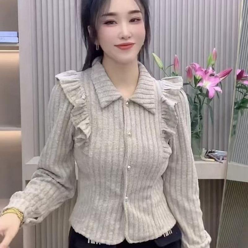 Lotus Leaf Edge Polo Collar Long-sleeved Shirt Women's Autumn and Winter New Temperament Casual Top