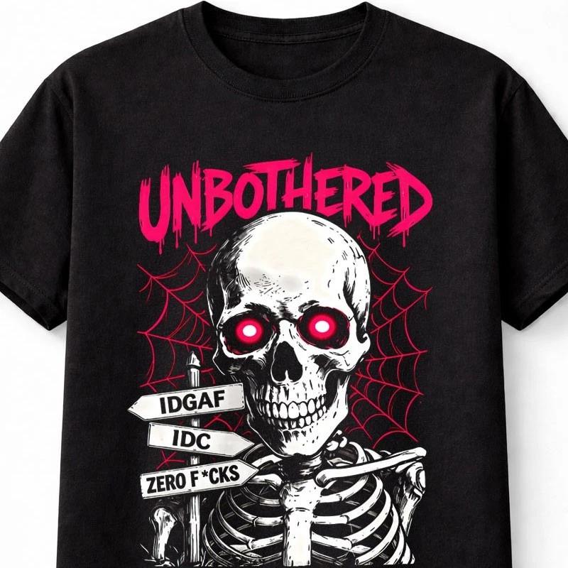 Unbothered Skull IDGAF T Shirt Gothic Attitude Graphic Unisex Tee S5XL S