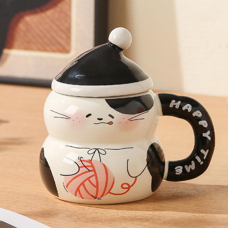 Cat Cup Ceramic High Looking Mug with Lid Breakfast Coffee Cup Creative Water Cup for Girls Birthday Gift
