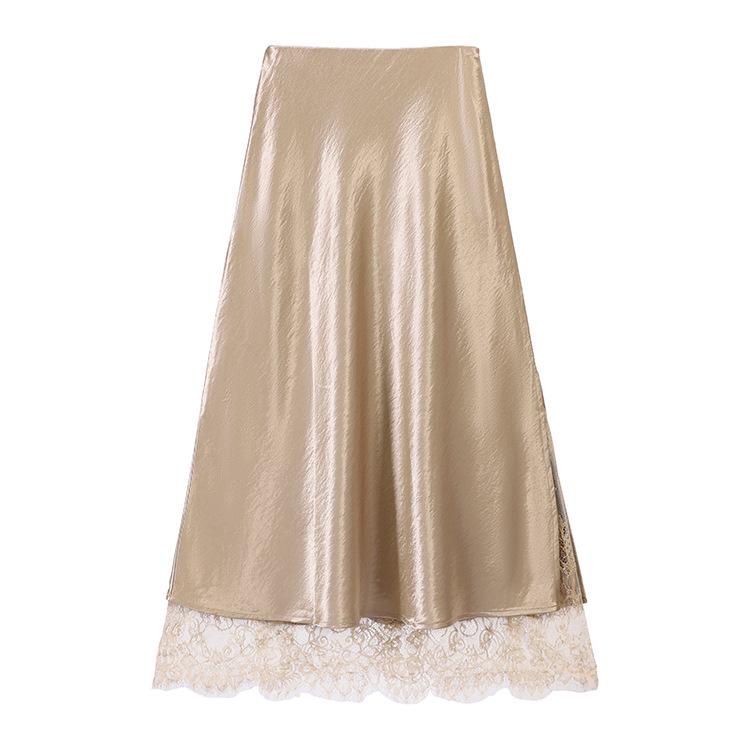 Fei Yuan Women's Satin A-line Drape Skirt, Lace-lined, Solid Color, Early Spring 2026 Fashion Arrival
