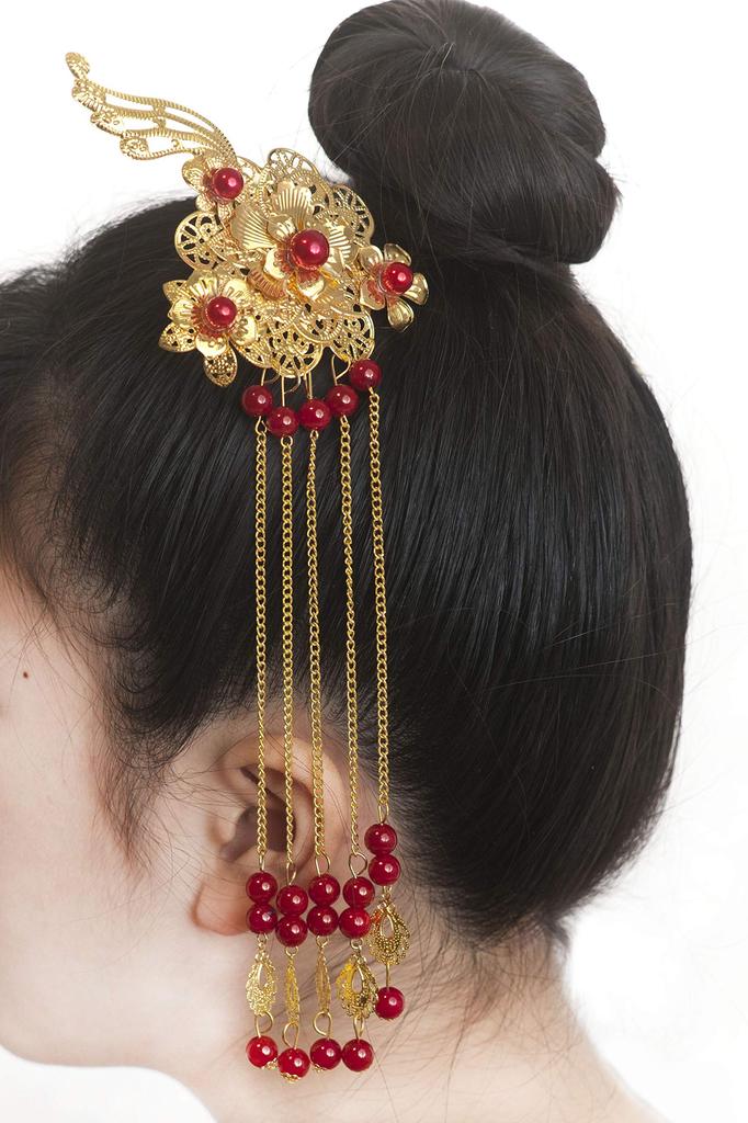 Donalee Kanzashi Hair Asian Set of Ornaments, Style, 2, Women's (Red)
