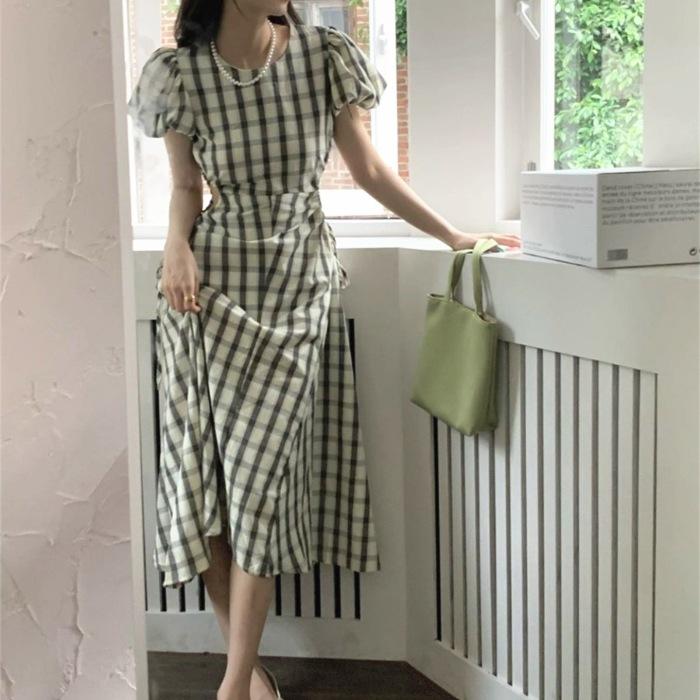 Retro Plaid Bubble Sleeves Hollow Waist Dress Women's Summer New Korean Long Dress French Design Skirt