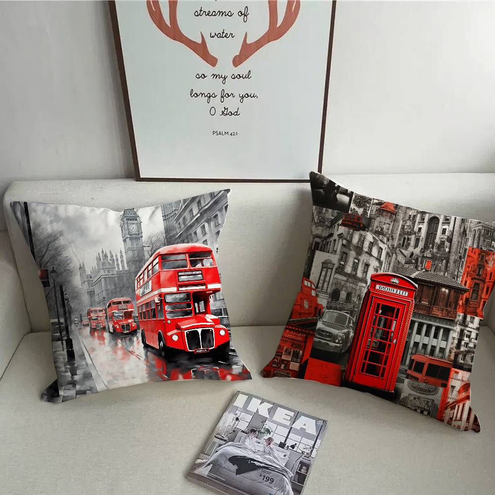 Federa Cuscino Stampa Autobus Rosso di Londra Peluche Corto Stampa Double-sided Copricuscini Quadrati Decorazione Cuscino per Divano Casa