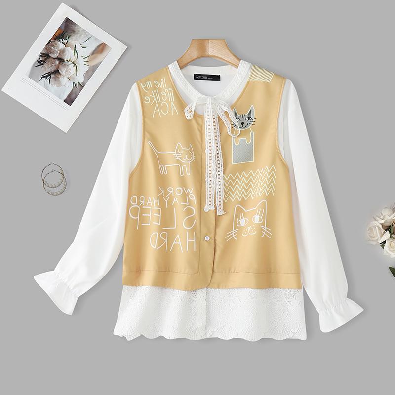 

ZANZEA Женская повседневная блузка с круглым вырезом, вставками, длинными рукавами и принтом 5XL хаки