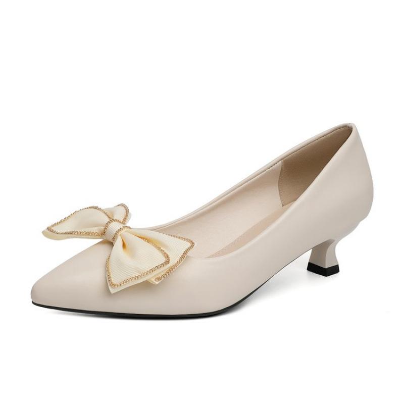 

2025 popular soft leather single shoes women s commuter middle heel single shoes bow thick heel fashion versatile women s leather shoes high heels 40