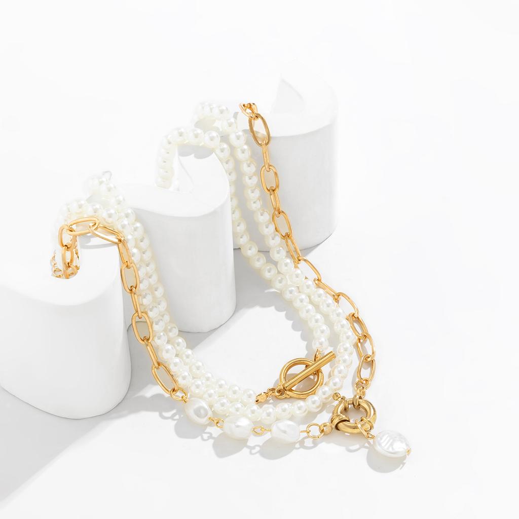 Ingemark Multilayer Imitation Pearl OT Buckle Pendant Necklace Women Wed Bridal Goth Bead Chain Y2K Accessories Neck Jewelry