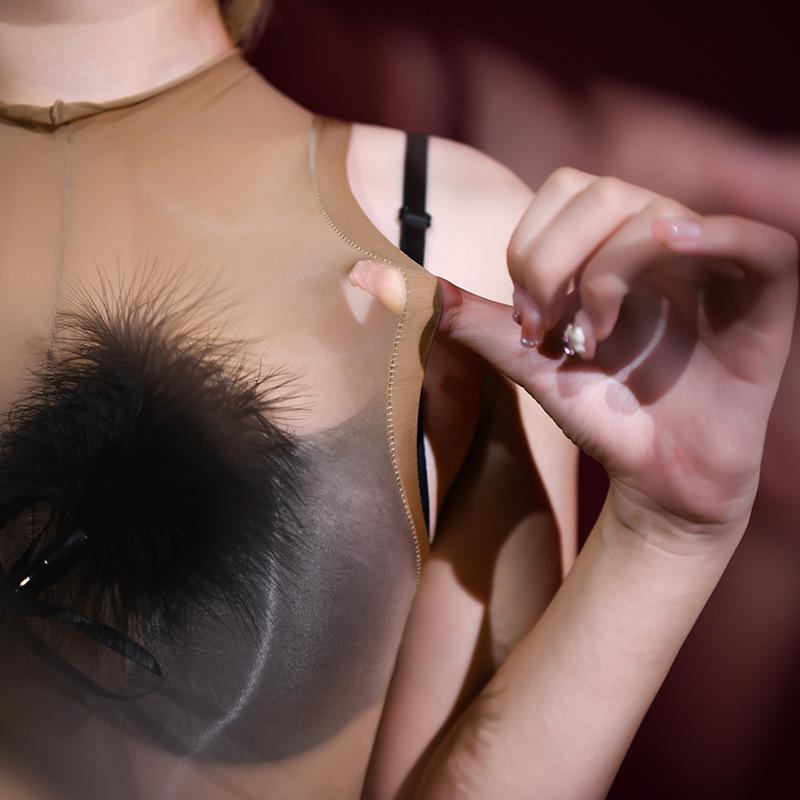 Women Sexy Jumpsuit Shiny Oil Stockings Ultra Thin Sheer Open Crotch Lingerie Detachable Glove Set See-Through Underwear