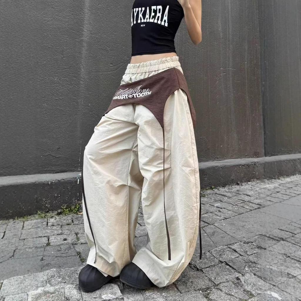 Women's 2025 Lace-Up Scimitar Parachute Pants - American Layered Hip-Hop Street Style for Spring & Autumn