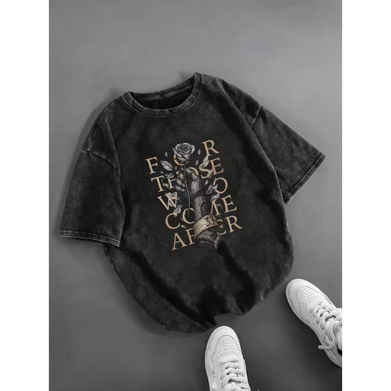 Retro Washed T Shirt Boho Crescent Moon Lunar Moth Flower Graphic Oversize T Shirt Casual Loose Streetwear Daily Wear