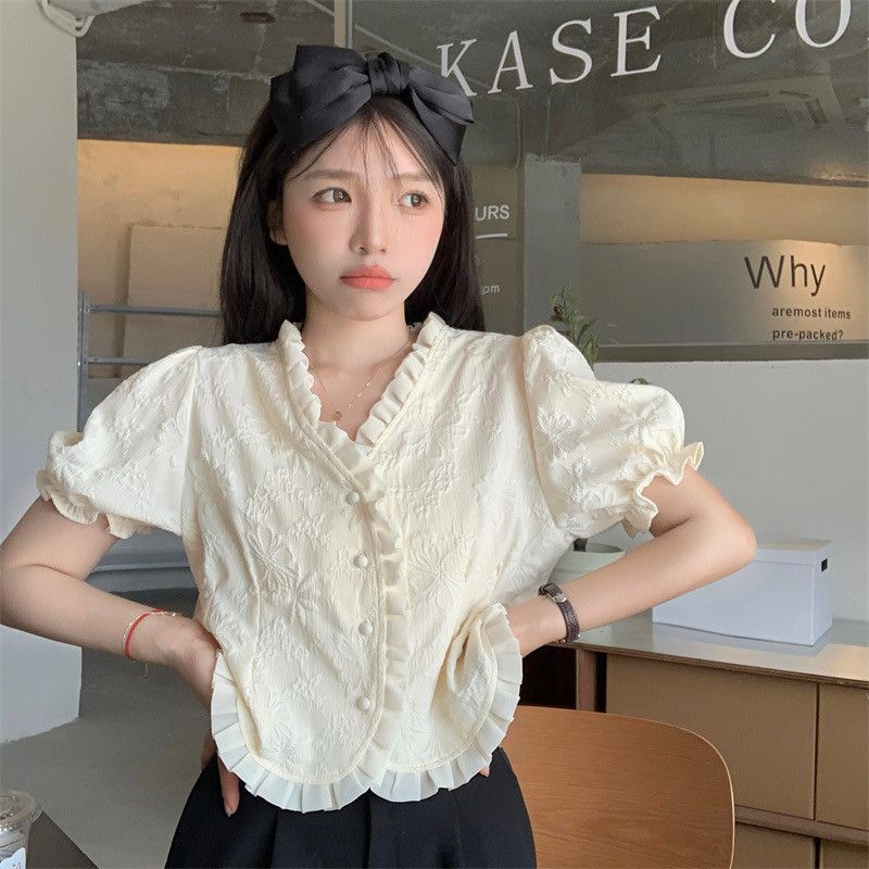 

Французская нежная рубашка с V-образным вырезом, с уникальным летним темпераментом, шикарная рубашка с короткими рукавами-фонариками, женский топ XL