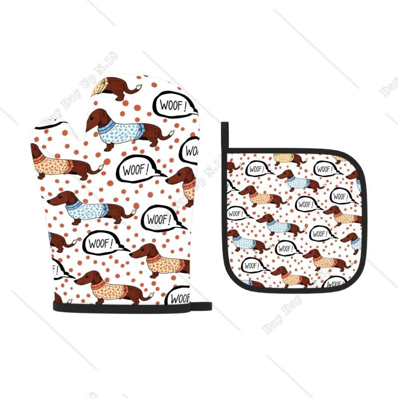 2pcs Dachshund Heat Resistant Oven Mitts and Potholders Set, 10.6x6.7 Inch, Machine Washable