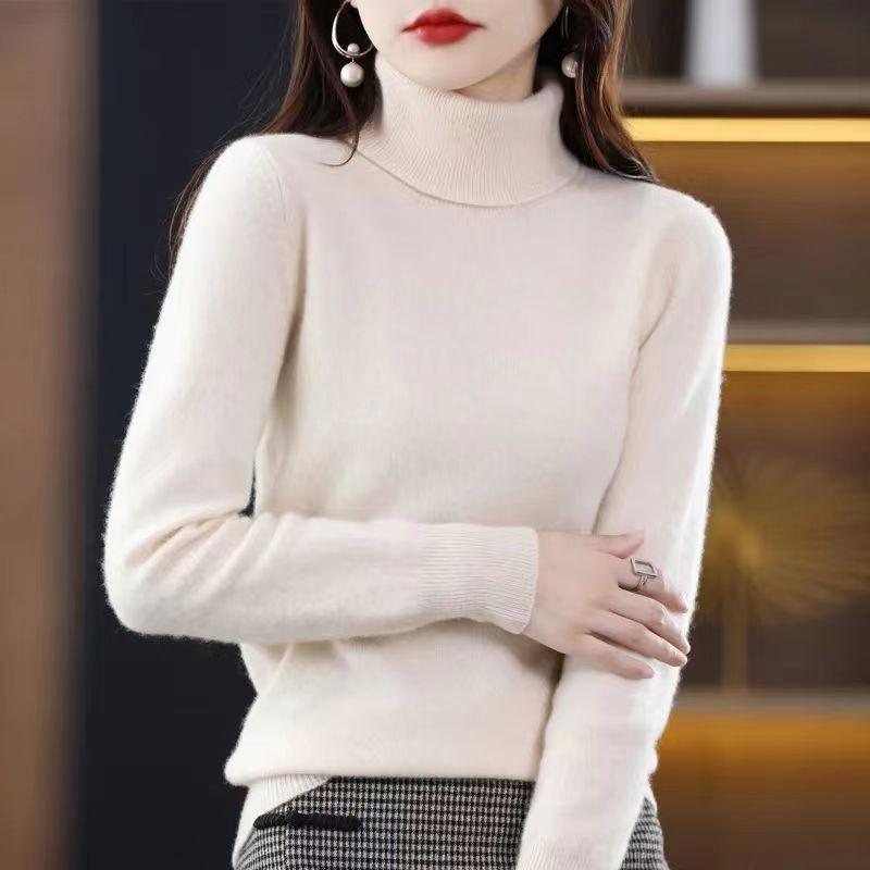 Winter Sweater Long Sleeved Knitted Sweater Solid Color Versatile Temperament Women's Base Shirt
