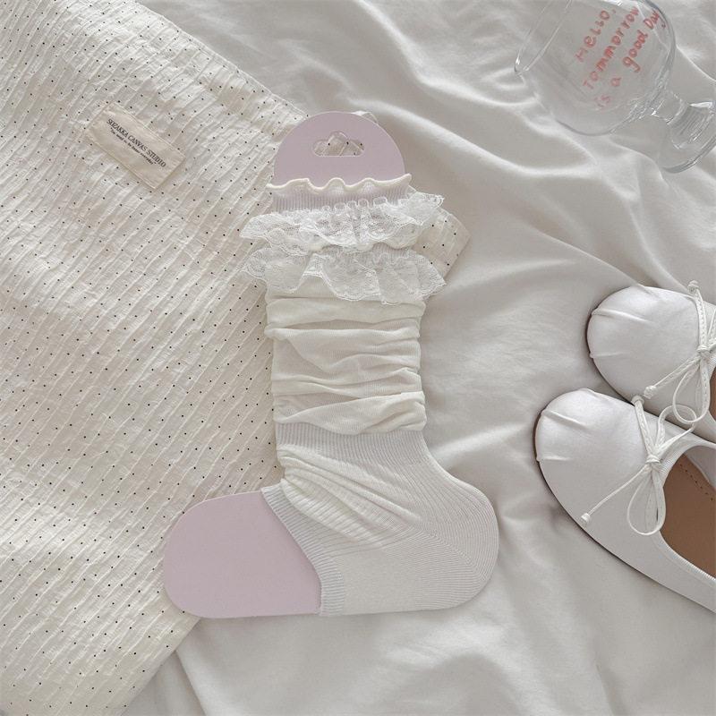 Spring And Summer White Lace Stepping Socks Women'S Thin Splicing Stacking Socks Japanese Ballet Style Korean Calf Socks
