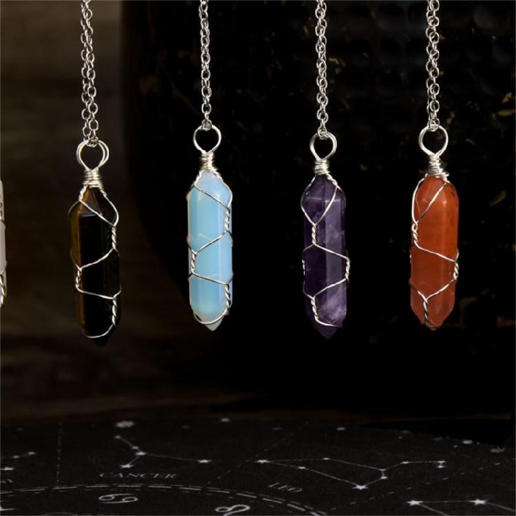 Winding Wire Stone Pendant Necklace Pointed Healing Crystals Necklace Jewelry