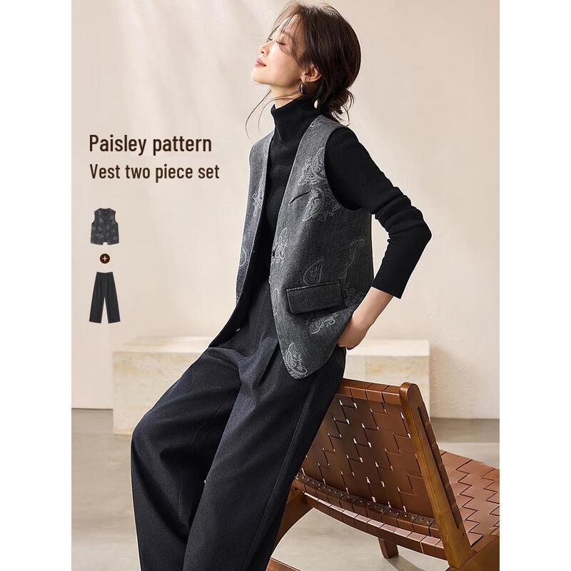 Paisley Pattern Vest & Wide-Leg Pants Set L