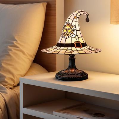 Stained Glass Witch Hat Lamp LED Night Light Resin Witch Hat Light Ornament for Living Room Home Bedroom Decoration