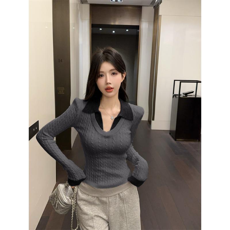 Contrast Color Fake Two-piece Stitching V-neck Sweater Women's Winter Sweater Design Bottoming Top
