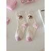 Pink Pure Cotton, Trendy and Cute Cartoon Idea Gauze Label Puppy Socks, Women's Autumn Mid-calf Socks, Dui Dui Long Socks